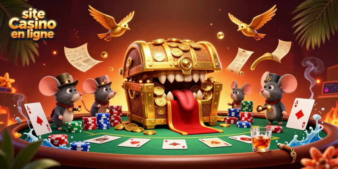 Découvrez le site casino en ligne avec une illustration captivante de jeux de poker animés et des trésors