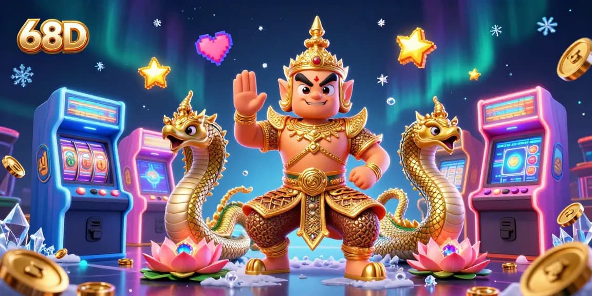 Immerse in gaming with 68D featuring a vibrant guardian surrounded by dynamic casino elements.