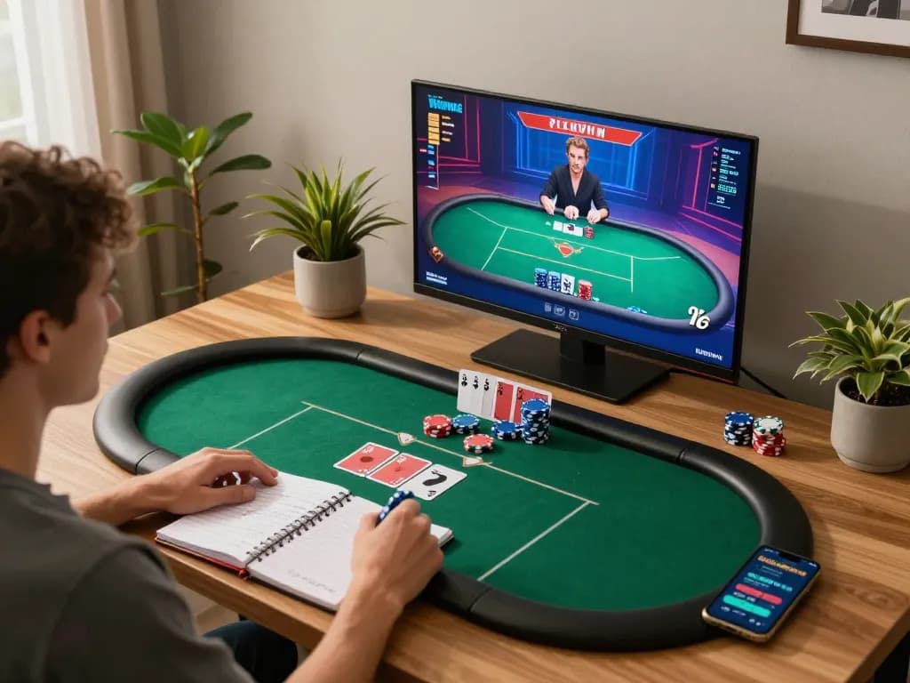 Engaging online poker gameplay on trang chủ 88aa with strategy notes and smartphone beside a cozy living setup.