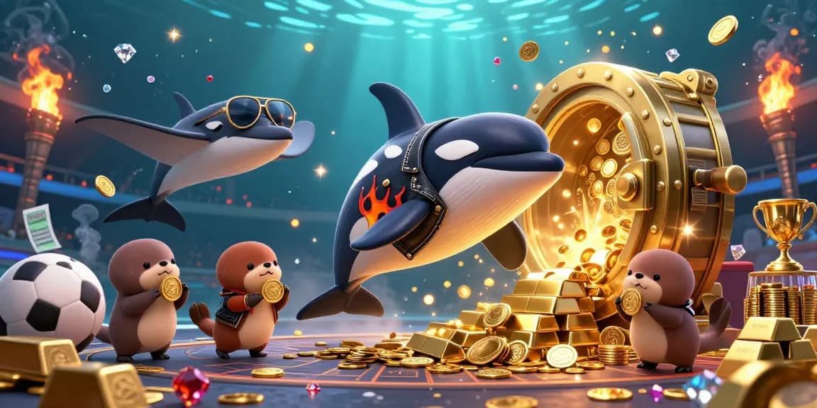 Quel site de paris sportif choisir avec une illustration d'une baleine orque, une raie et des loutres flottant dans des pièces d'or.