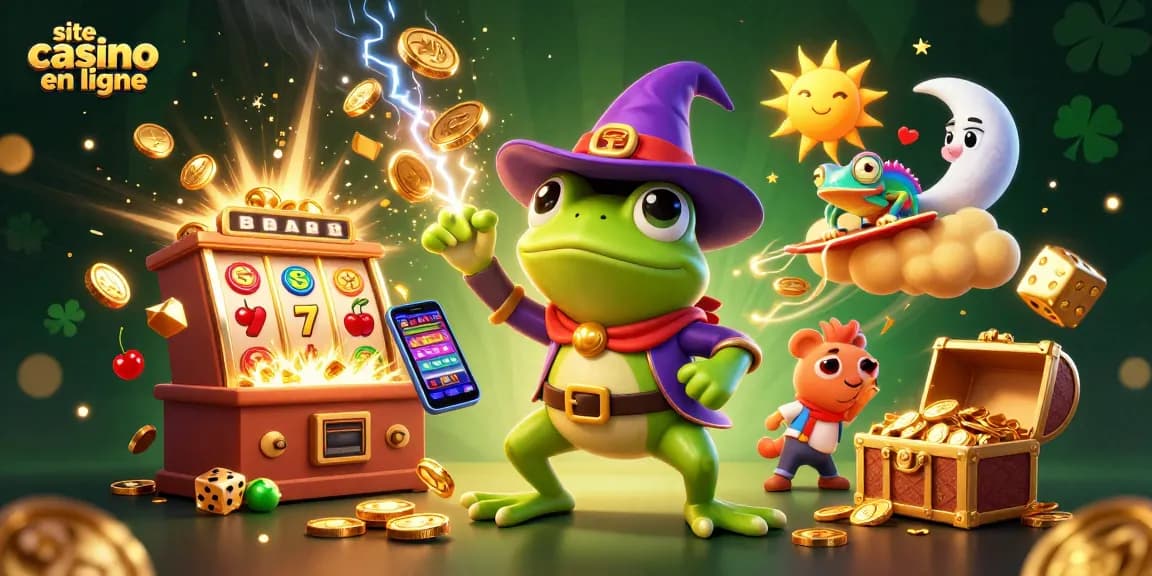 Illustre l'univers du jeu en ligne avec site casino en ligne et des personnages colorés entourés de pièces d'or