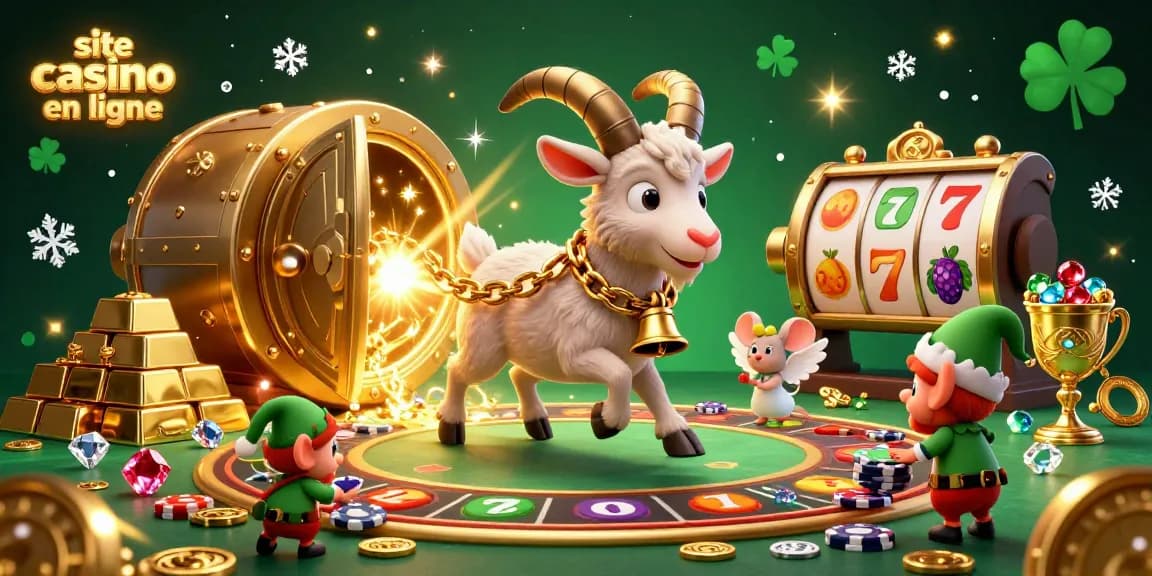 Illustration d'un site casino en ligne avec des personnages fantastiques, des éléments de jeu et des effets de lumière étincelants.