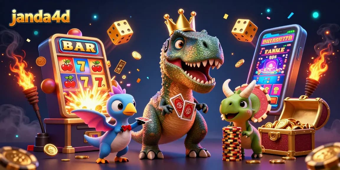 Permainan janda4d dengan T-Rex lucu dan kartu astaga dikelilingi koin berkilau dan mesin slot yang memukau.