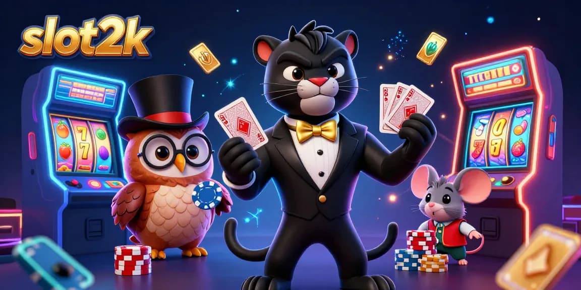 Win big at slot2k with our vibrant casino-themed illustration featuring lucky characters and games.