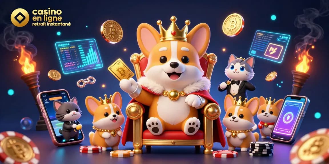 Visuel captivant du casino en ligne retrait instantané avec un corgi royal entouré de pièces de crypto et de jeux de cartes.