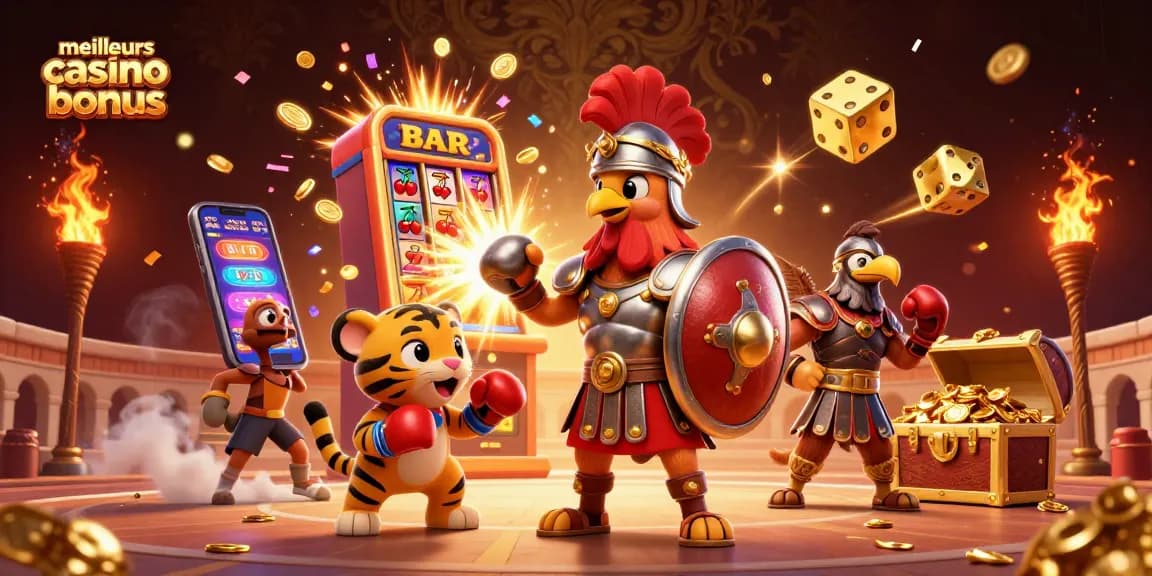 Les meilleurs casino bonus s'affichent avec un coq gladiateur et un tigre dans un univers dynamique.