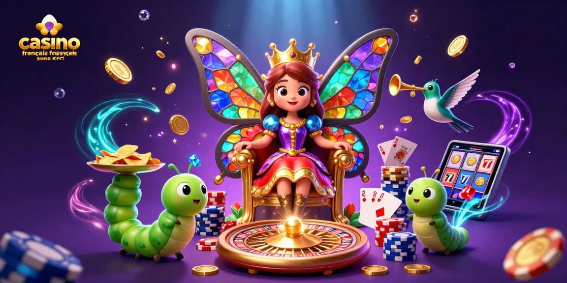 Illustration de la reine papillon avec des éléments de casino, symbolisant le casino français sans KYC.