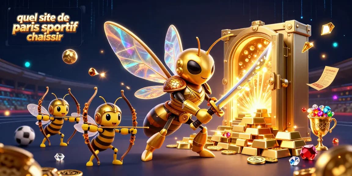 Découvrez quel site de paris sportif choisir avec un personnage animé entouré d'éléments de paris sportifs riches en détails.