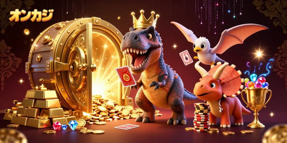 オンカジで楽しむティラノサウルスがカードをシャッフルし、トリケラトプスが金のチップを積み上げている賑やかな画像