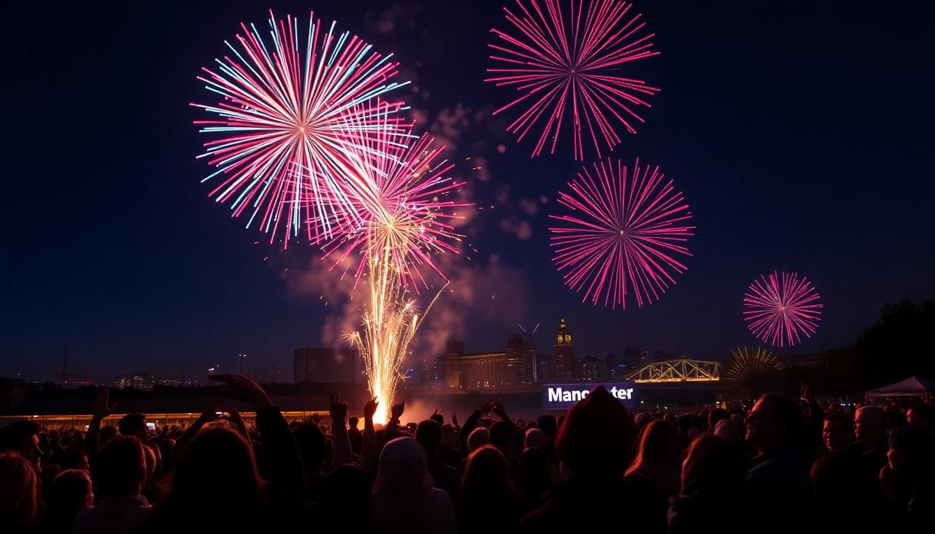 View of manchester fireworks brilliantly illuminating the night sky over an excited crowd.