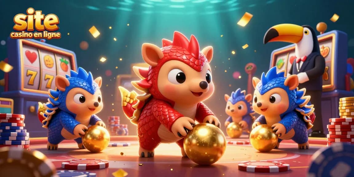 Les pangolins rivaux au site casino en ligne s'affrontent avec des rouleaux de machines à sous et des jetons.