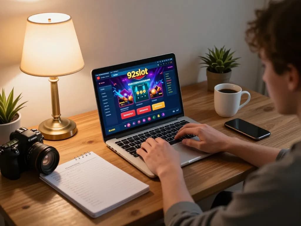 Engaged gambler using 92slot online casino on a laptop with strategic notes nearby.