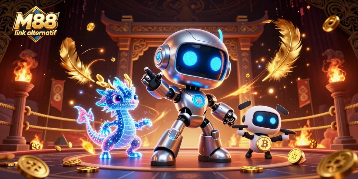 Experience gaming excitement with M88 link alternatif as a cyberpunk robot interacts in a vibrant casino setting.