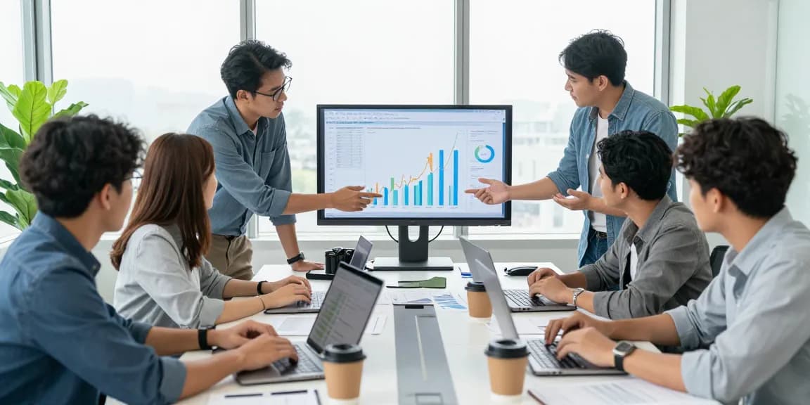 Analisis syair menang di ruang kantor modern dengan tim analisis yang fokus dan data grafik.