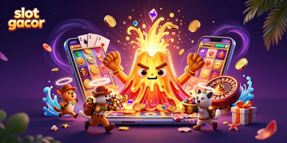 Experience the thrill of slot gacor with a golden volcano erupting coins and treasures.