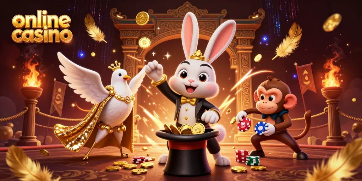Experience the magic of the online casino with a cartoon magician rabbit conjuring coins, surrounded by dazzling gaming elements.