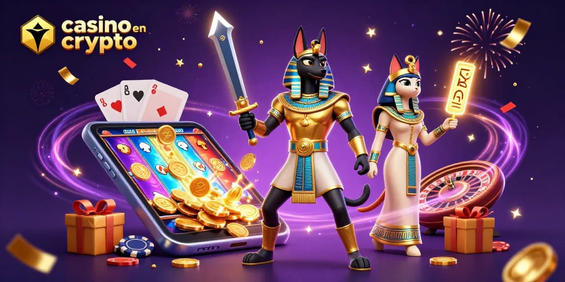 Créer des gains épiques au casino en crypto avec Anubis et Bastet balançant des jeux de hasard.