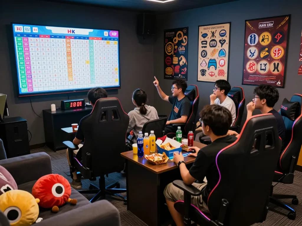 Players eagerly watching HK Hari Ini lottery results live, capturing excitement and engagement in a colorful gaming room.