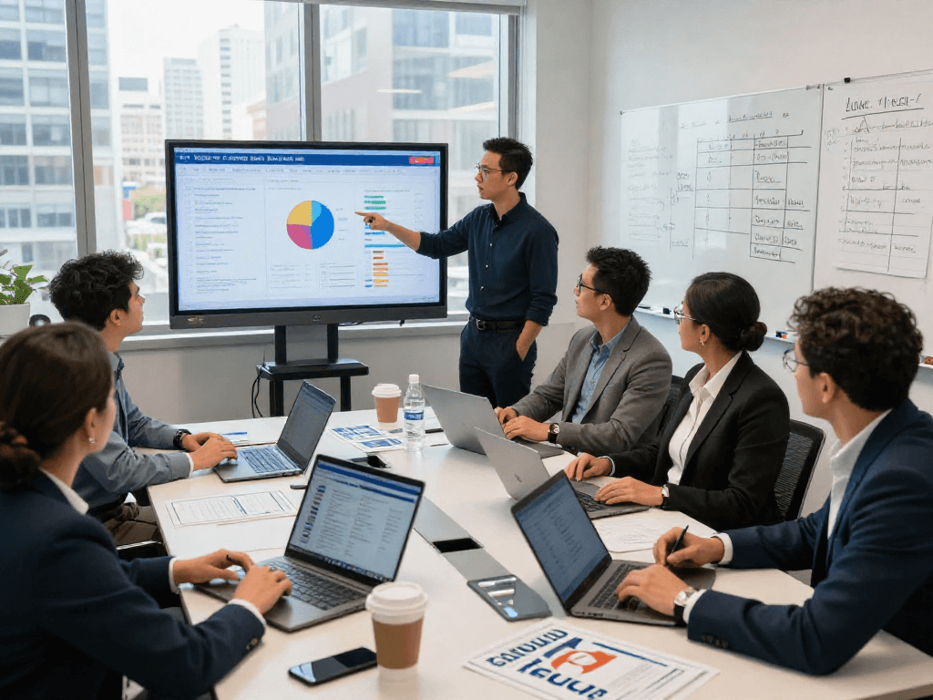 Engaged team discussing political fundraising services with voter data analytics during a strategy meeting.