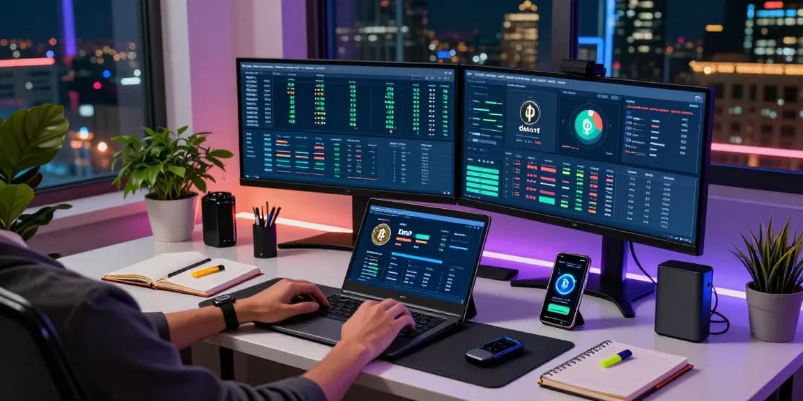 Mining crypto online in a modern home office with monitors showing blockchain data and cryptocurrency wallet.