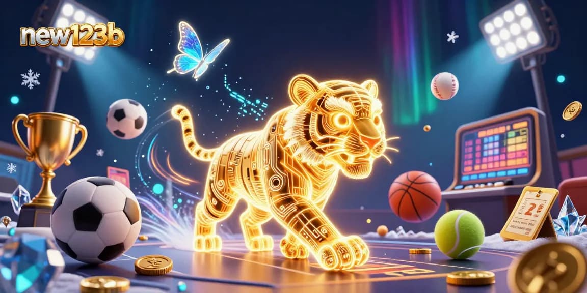 Win big at new123b with an energetic 3D casino scene featuring a glowing golden tiger and sports elements.