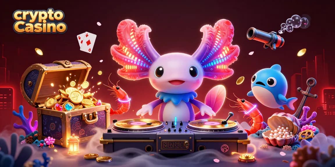 Plongez dans l'univers du crypto casino avec le DJ axolotl et ses camarades dans une ambiance festive sous-marine.