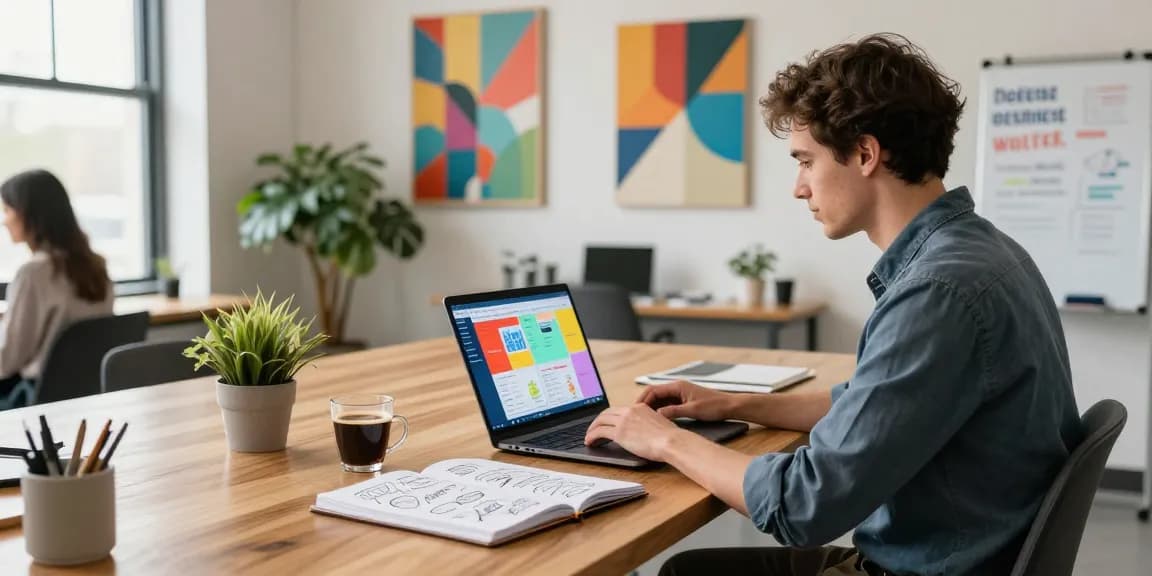 Self-employed individual working in a modern co-working space with laptop, notebook, and coffee, showcasing productivity and creativity.