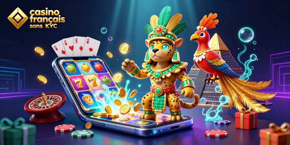 Illustration dynamique de "casino français sans KYC" avec un prêtre jaguar et des éléments de jeux de casino