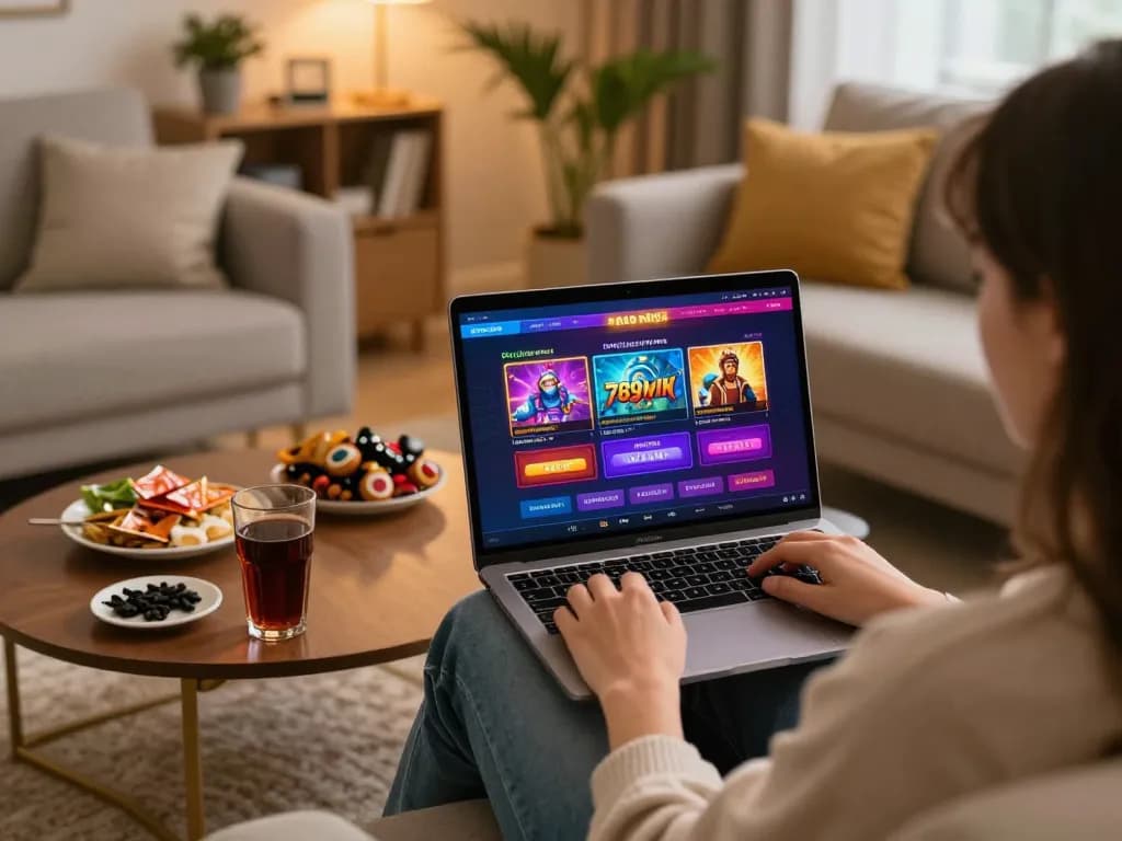 Engaging user interface on 789win hiện đang mở home gaming on a laptop, cozy atmosphere