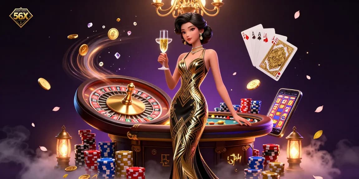 Place bets and win with 56X at a glamorous casino, featuring elegant characters and vibrant game elements.