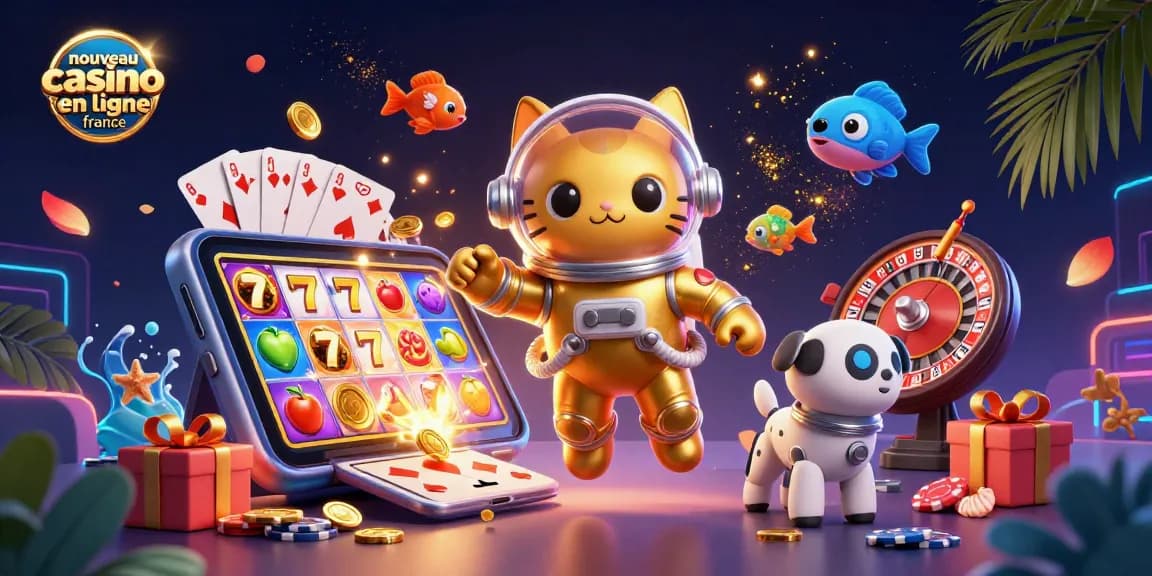 Nouveau casino en ligne France : image dynamique illustrant l'excitation de jouer aux machines à sous avec un chat astronaute et un chien robot.