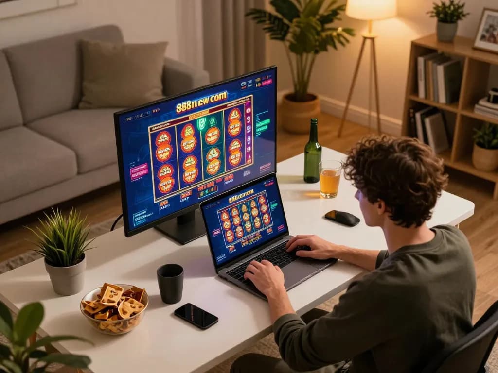 Playing slots at 888new com on a laptop in a cozy home setup with snacks.