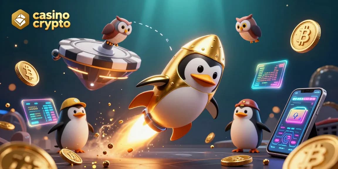 Plongez dans le monde captivant du casino en crypto avec un pingouin doré et des pièces de Bitcoin en 3D.