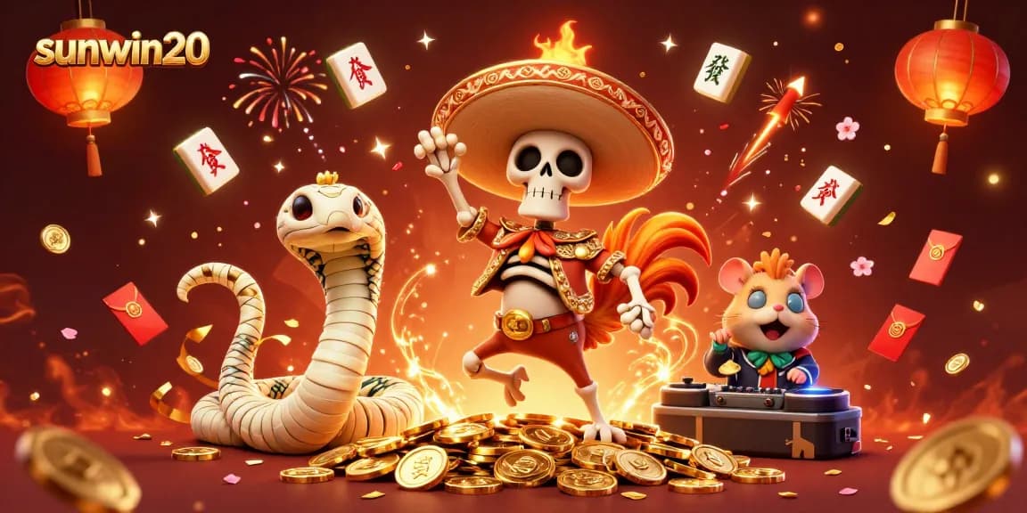 Engage with sunwin20 in a vibrant casino scene featuring characters amidst festive symbols and gold.