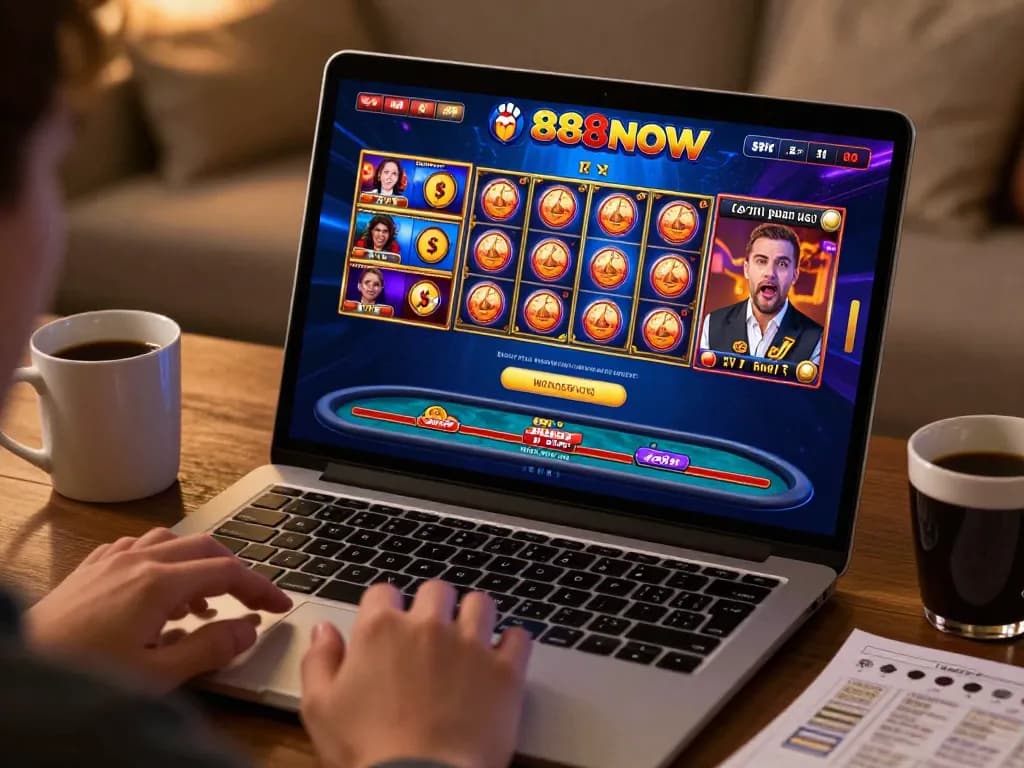 Engaged player experiencing thrilling online gaming with 888now on a laptop in a cozy home