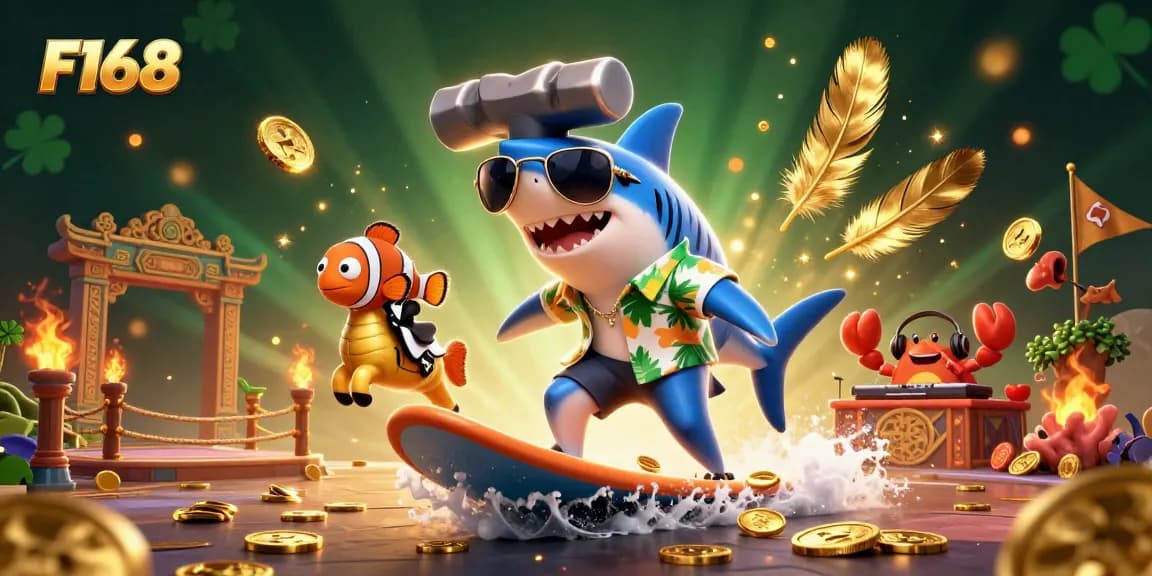 Experience F168 with excitement: a cartoon shark surfing gold coins at a vibrant online casino.
