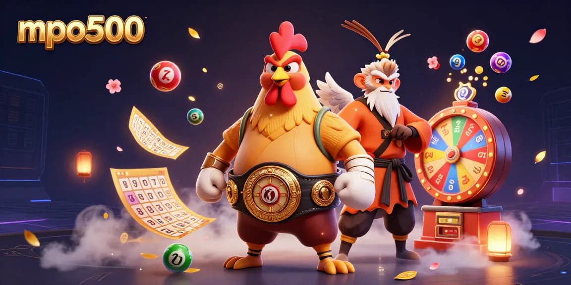 MPO500 players celebrate big wins with dynamic lottery balls and vibrant game elements in an exhilarating illustration.