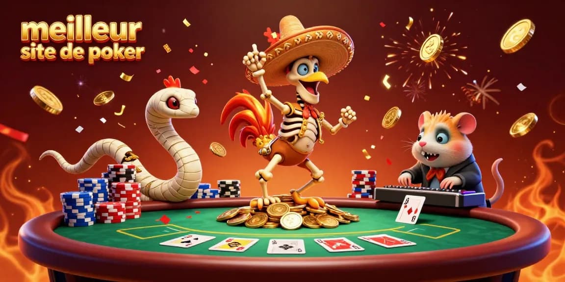 Scène festive de poker avec un rooster mariachi dansant, représentant le meilleur site de poker, entouré de jetons et de cartes.