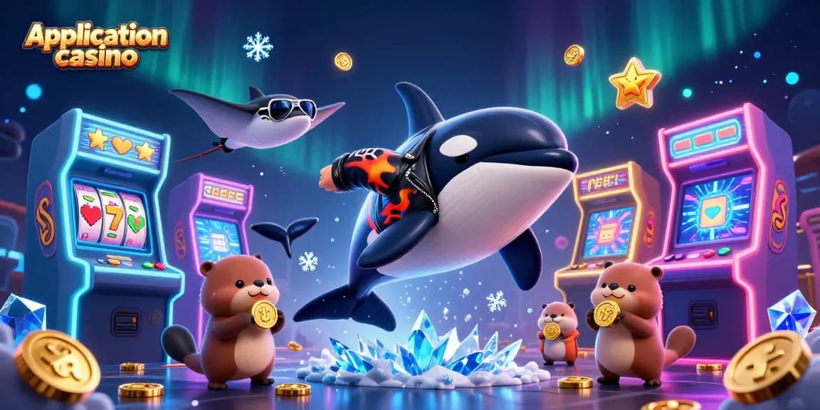 Visualisez l'application casino avec une scène dynamique de personnages marins et d'éléments de jeux d'arcade.