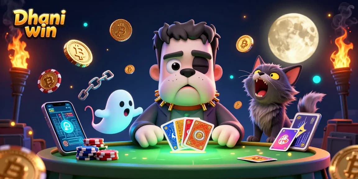 Dhani win gaming: a Frankenstein bulldog and werewolf kitten engage in lively card dealing with crypto elements.