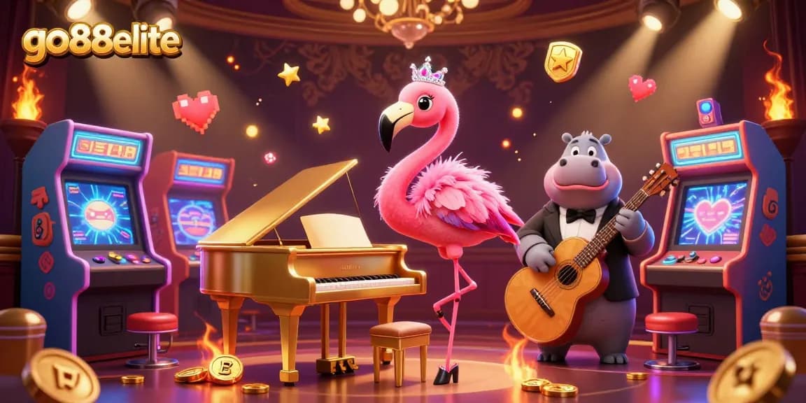 Engaging scene highlighting go88elite with a flamingo singer and hippo bassist, showcasing colorful gambling excitement.