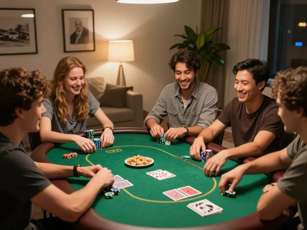 Friends enjoying a poker night at home, showcasing fabet gameplay and strategies in a cozy setting.