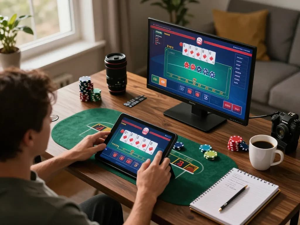 Engaging in đăng nhập dh88, a player enjoys a lively online poker session from home, complete with gaming notes and a cozy atmosphere.