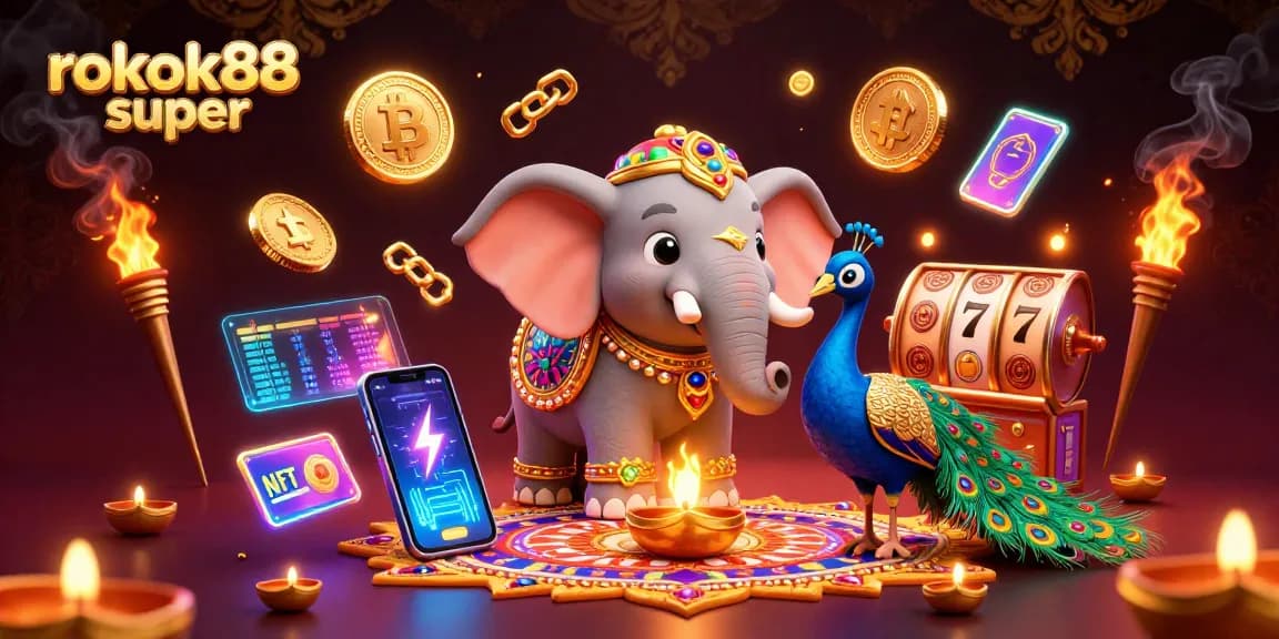 Experience excitement with rokok88 super in this vibrant 3D gambling scene filled with slot reels and neon coins.
