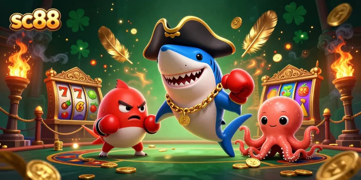 Engage in thrilling gameplay at sc88 with a pirate shark and friends amidst dynamic casino elements.