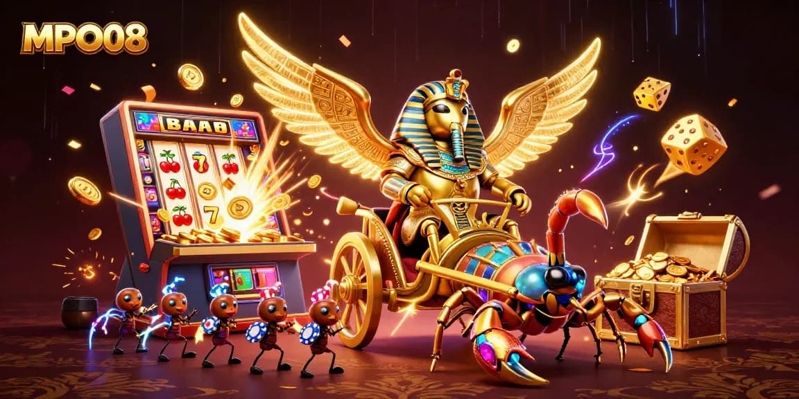 MPO08 showcases a vibrant 3D scene featuring a golden scarab beetle and scorpions amidst a jackpot explosion, enhancing the gaming experience.