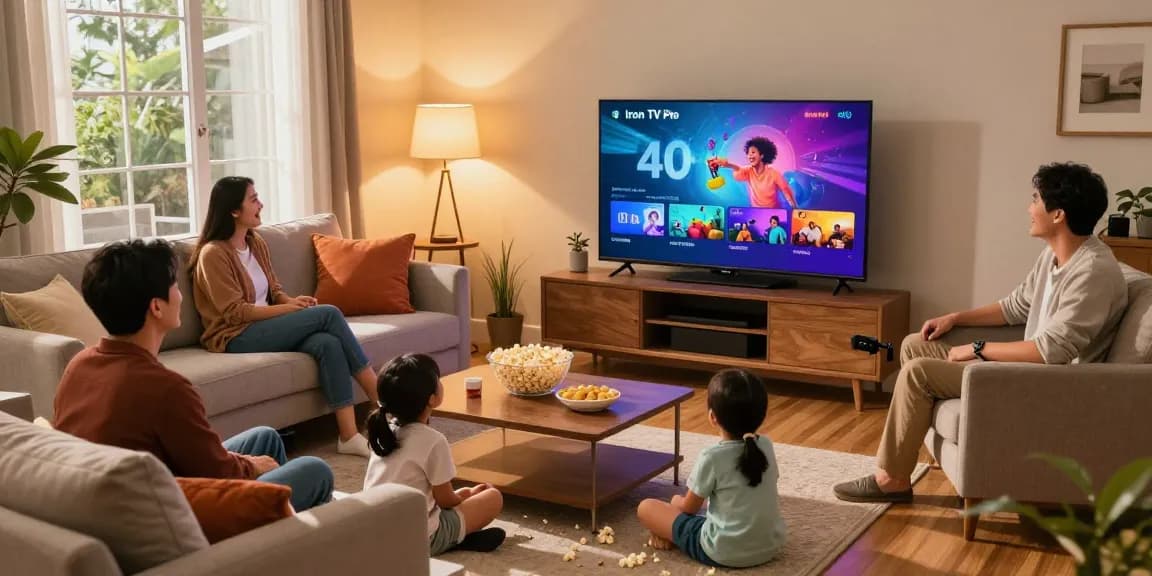 Family enjoying Iron TV Pro in a cozy living room with 4K entertainment.