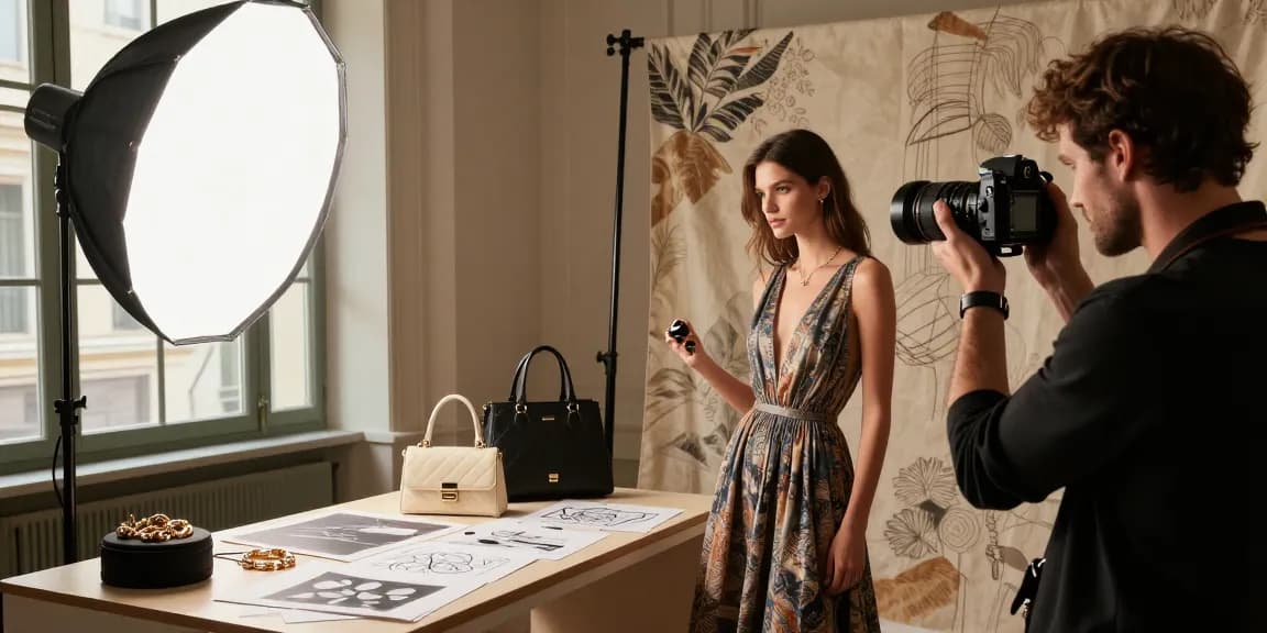 Fotografo di ritratto Milano in studio, ritrattista professionista mentre cattura un modello elegante.