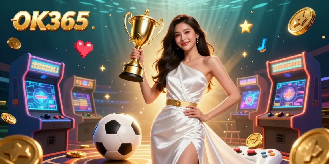 Engage in thrilling gameplay at OK365, featuring a victorious player and vibrant casino elements.