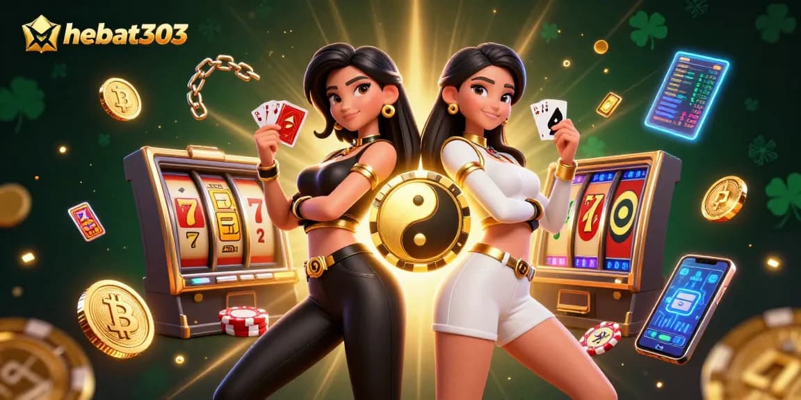 Engage with hebat303 in thrilling slots, showcasing twin Asian women with dynamic cards and casino elements.